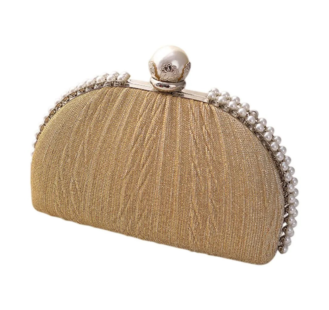 Refttenw Abendtasche Damen Glitzer Clutch mit Falten Perlen Handtasche Elegante Muschelform, Clutch Gold