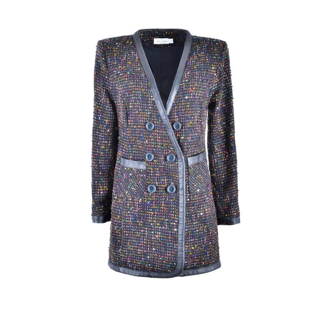 RUA & RUA Longblazer Bouclé-Tweed & Leder-Blazer Kleid in Schwarz (1-tlg)