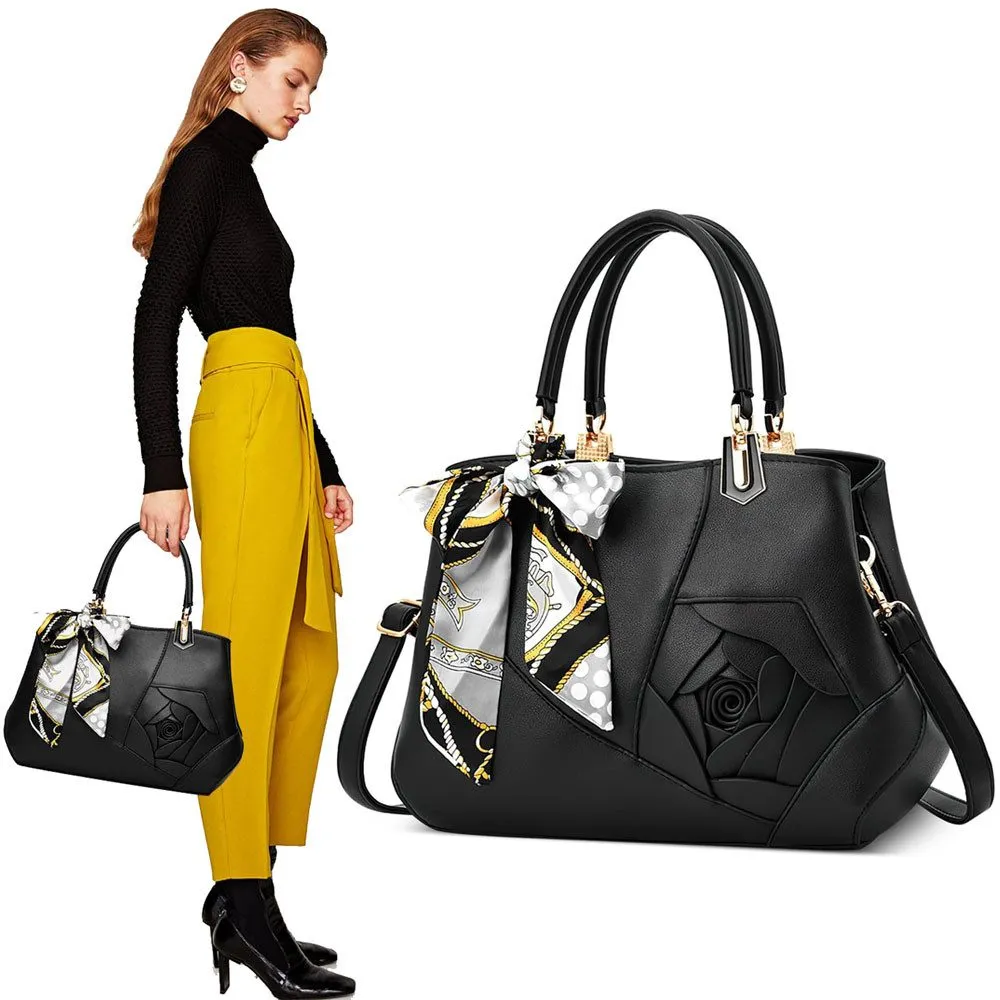 RWEUOQ Henkeltasche Tote Tasche Women's Flower Head Handtasche,Women's PU Leder (1-tlg., Geeignet für alle Jahreszeiten), Fashion Multifunktionale Schulter Umhängetasche,Schwarz
