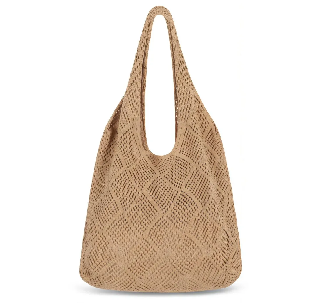 RWEUOQ Schultertasche Schultertasche Handtasche geflochte Umhängetasche durchbrochene Tasche (Strick-Schultertasche für Damen, Boho-Handtasche, Maßen von ca. 37 x 33 cm, Henkellänge von 27 cm), faltbaren Design, für Shopping, Reisen und den täglichen Gebrauch