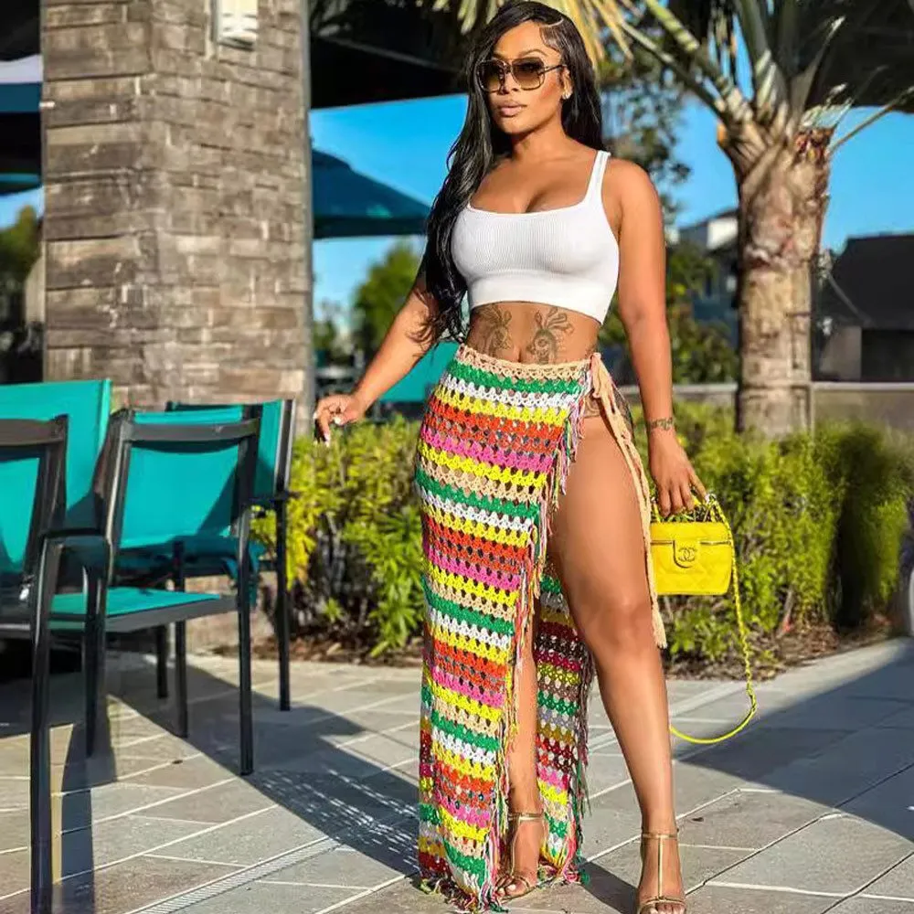 RWEUOQ Strandkleid Strandkleid hohe Taille geteilter Strick zum Binden am Strand Bademode Colorblock Sarong Strand Bikini Wrap Hollow Out Cover Ups Bademode