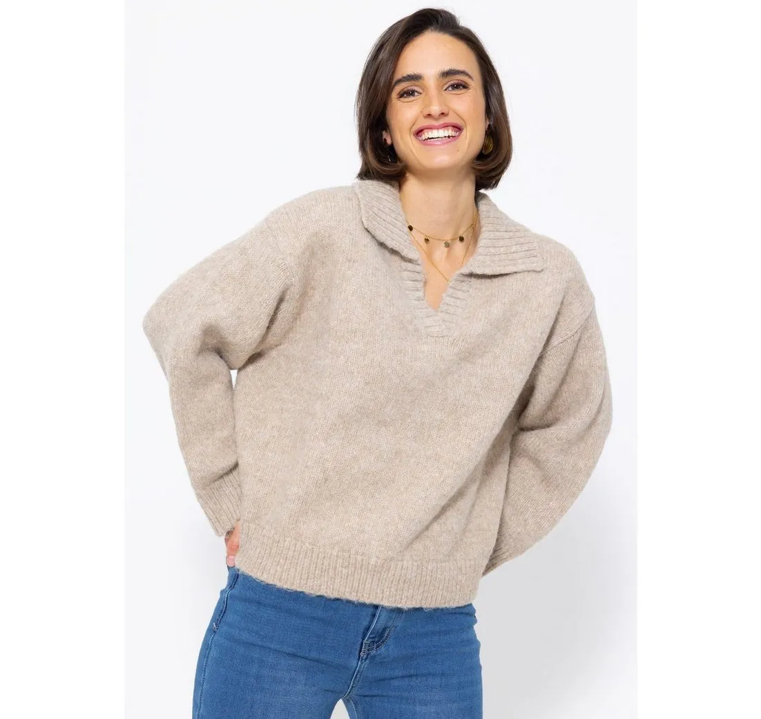 SASSYCLASSY Strickpullover Oversize Damen Pullover mit Kragen Oversize Strickpullover Damen Grau Beige Taupe