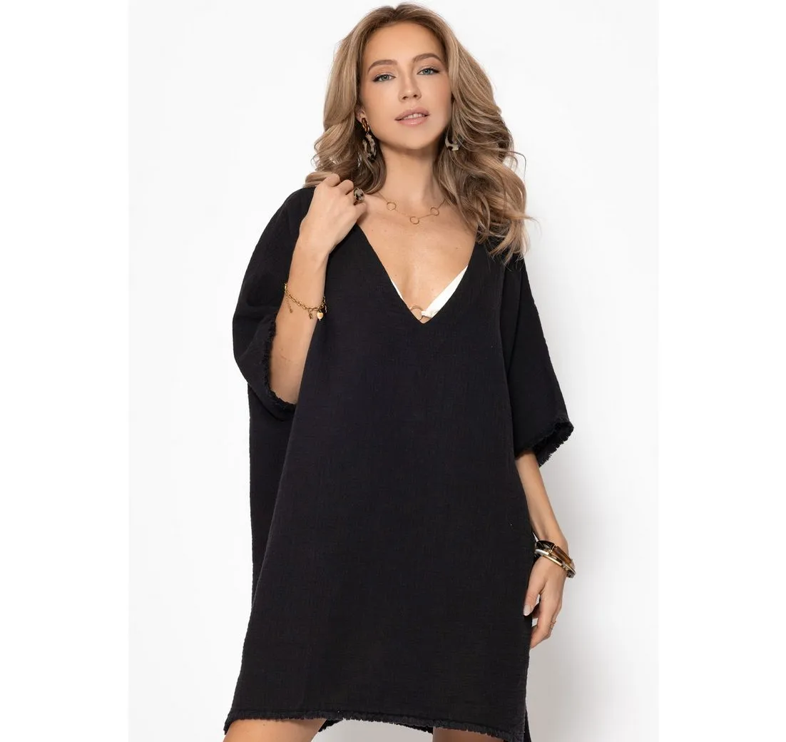 SASSYCLASSY Tunika Oversize Musselin Tunika Damen mit Fransenborte