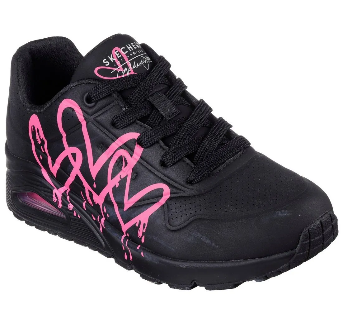 SKECHERS UNO DRIPPING IN LOVE Sneaker mit Herzen-Graffity-Print, Freizeitschuh, Halbschuh, Schnürschuh
