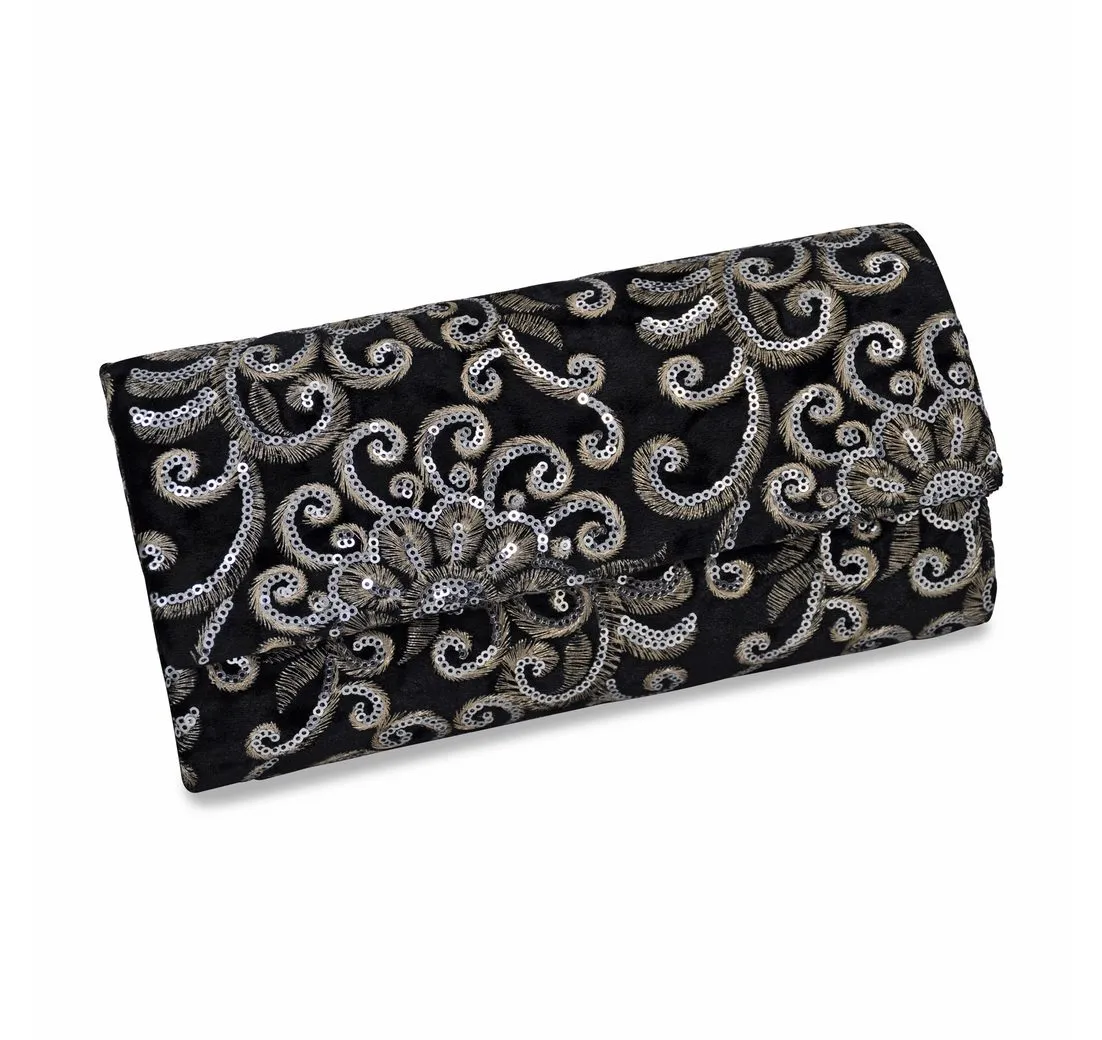 Steuer Abendtasche Schwarzer Samt mit Pailetten-Ornamenten