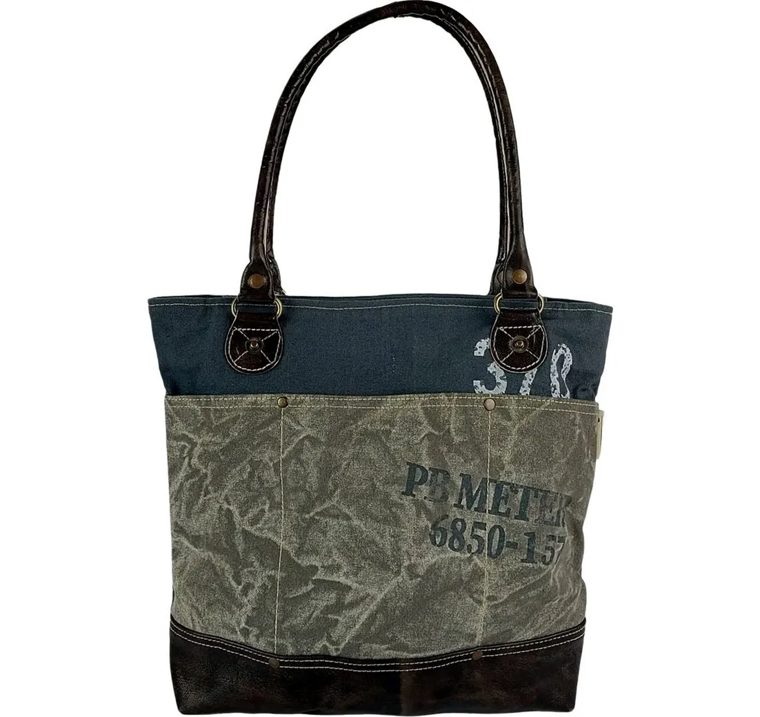 Sunsa Schultertasche Sunsa Shopper Schultertasche Canvas Leder (Shopper), Damen Shopper, Schultertasche Canvas, Leder, grau, blau ca. 40cm