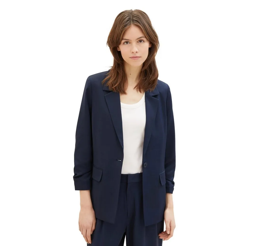 TOM TAILOR DENIM Kurzblazer mit gerafften Ärmeln und fließender Viskose
