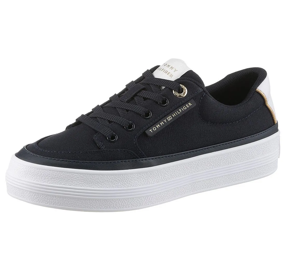 TOMMY HILFIGER ESSENTIAL VULC TEXTILE SNEAKER Plateausneaker, Freizeitschuh, Halbschuh, Schnürschuh mit goldfarbenen Details