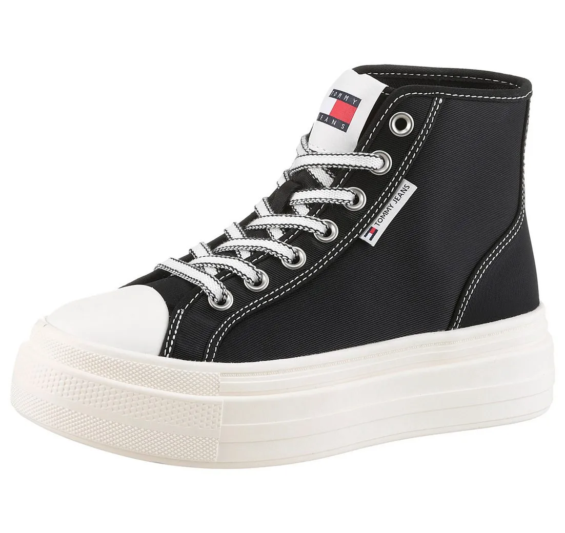 TOMMY JEANS TJW FOXING FLATFORM SNEAKER HIGH Plateausneaker, Freizeitschuh, Schnürboots, High Top-Sneaker mit Kontrastnähten