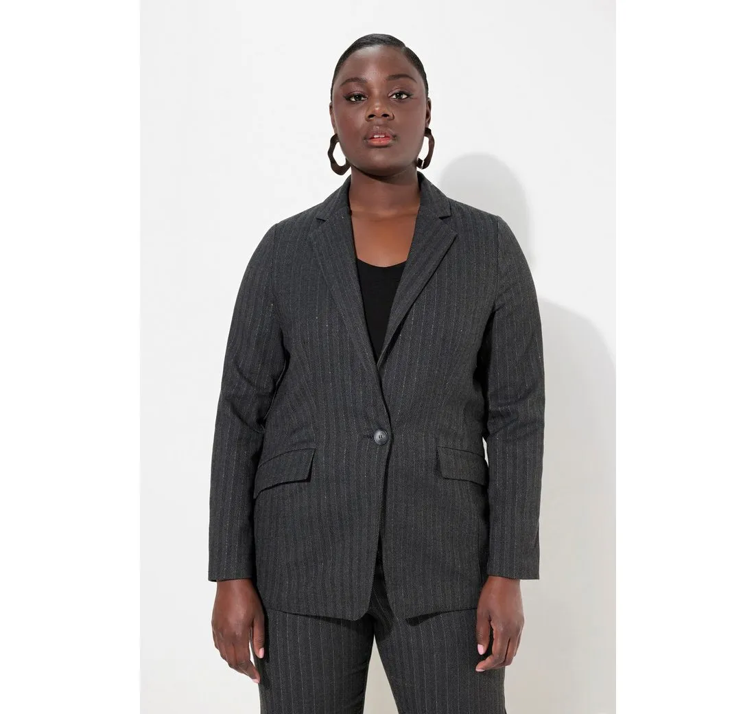 ULLA POPKEN Blusenblazer Blazer Fischgratmuster Lurex Reverskragen