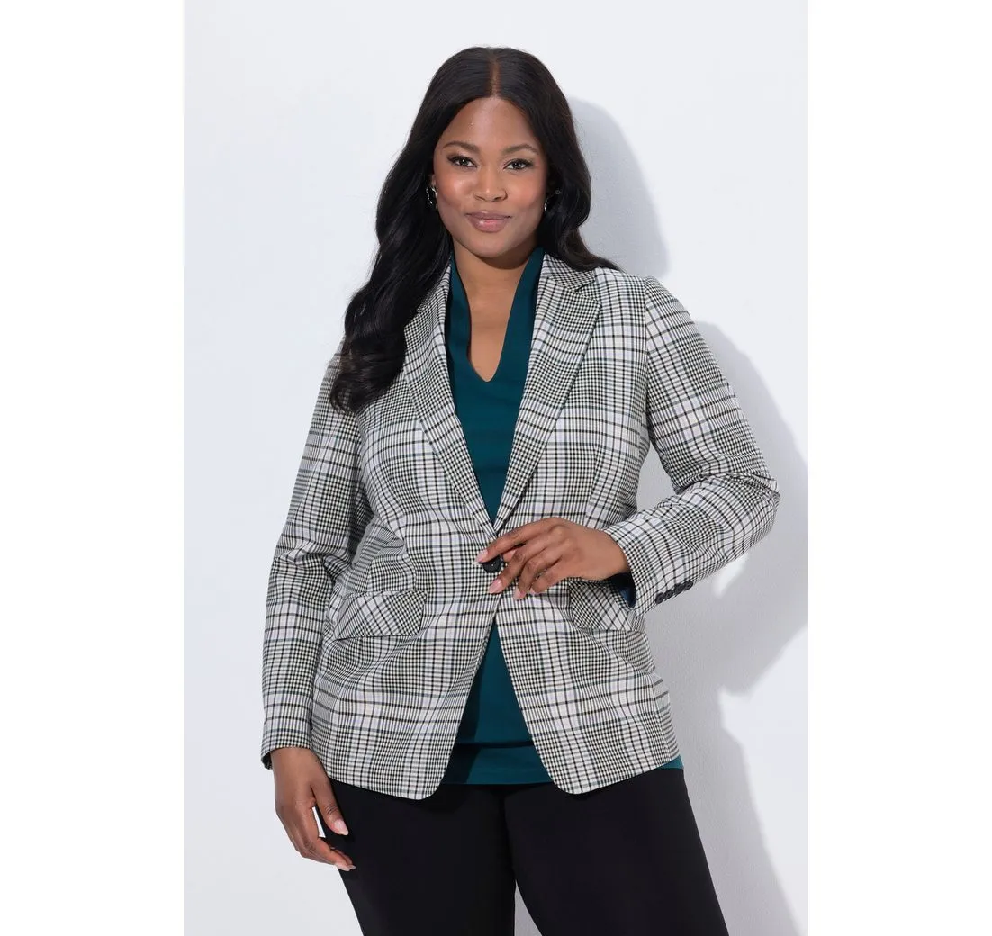 ULLA POPKEN Blusenblazer Blazer Karo-Design Reverskragen Langarm