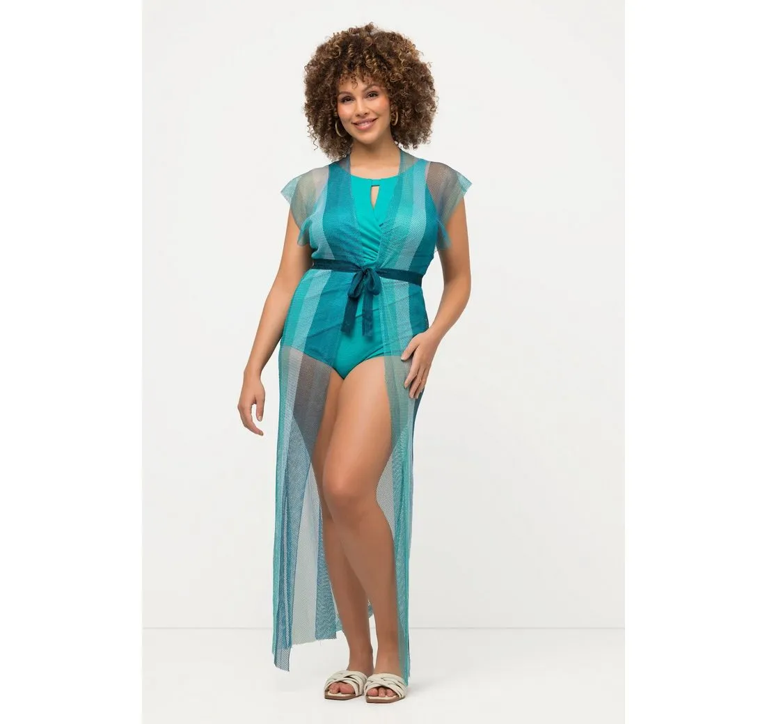 ULLA POPKEN Maxikleid Kaftan Glitzermesh Streifen offene Form Halbarm