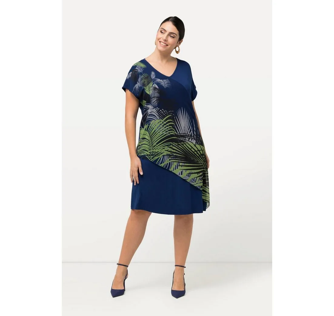 ULLA POPKEN Minikleid Jerseykleid Palmenblätter V-Ausschnitt Halbarm