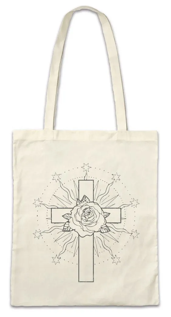Urban Backwoods Beuteltasche Rose Cross III Stofftasche Tattoo Rosen Rose Kreuz Tribal Flower Blume (1-tlg), Art Artist Flash Oldschool