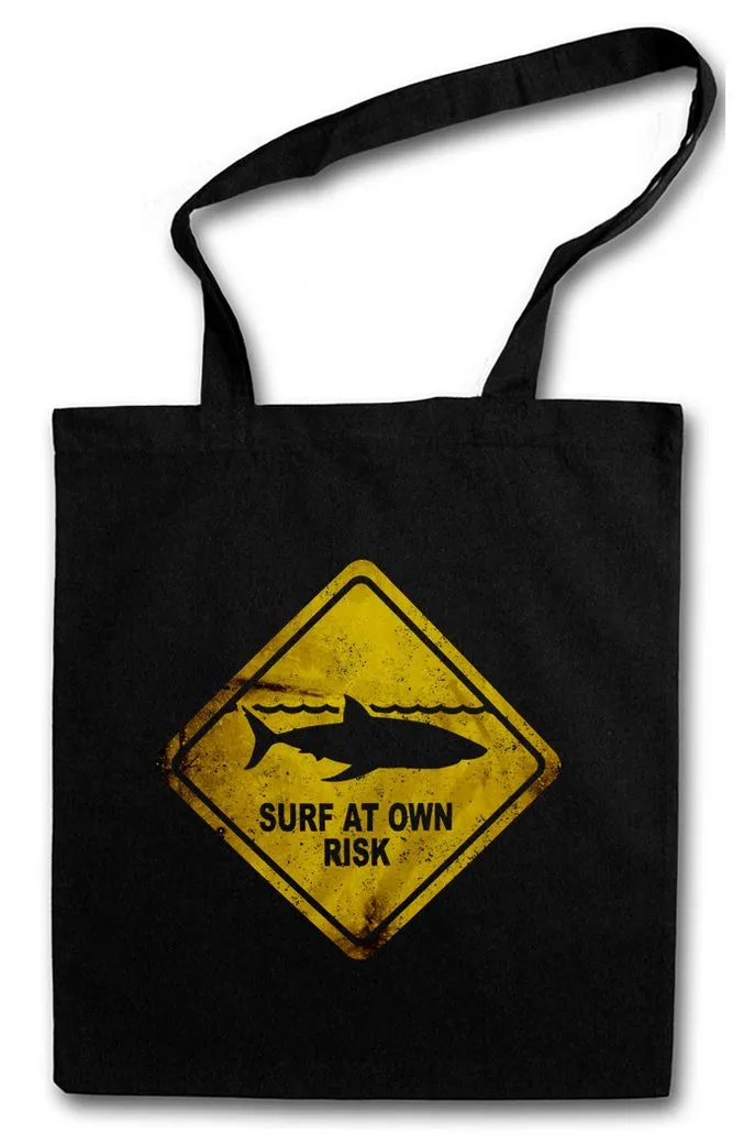 Urban Backwoods Beuteltasche Shark Warning Sign Stofftasche Weißer Hai Surfer Surfing Diver Taucher (1-tlg), Jaws Warnung Warnschild White