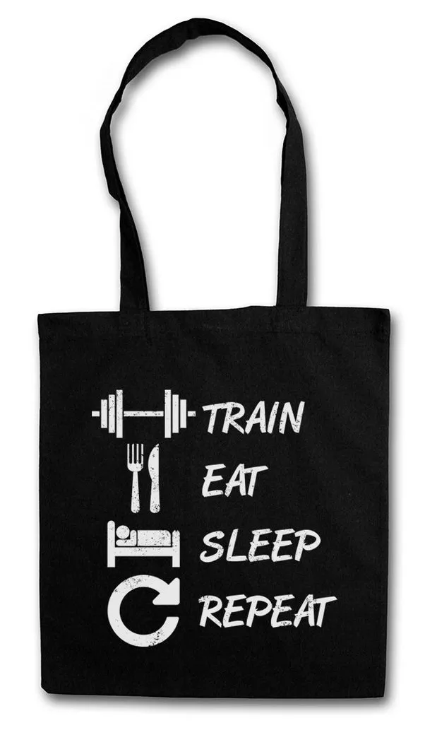 Urban Backwoods Beuteltasche Train Eat Sleep Repeat Stofftasche Fitness Training Gym Body Building (1-tlg), Curls Pumping Fintness Studio