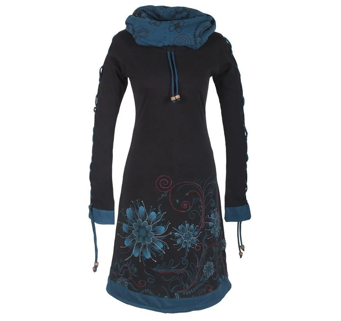 VISHES Midikleid Bedrucktes Blumen Kleid mit Schalkragen - Schnüren Ethno, Hippi, Boho, Goa Style