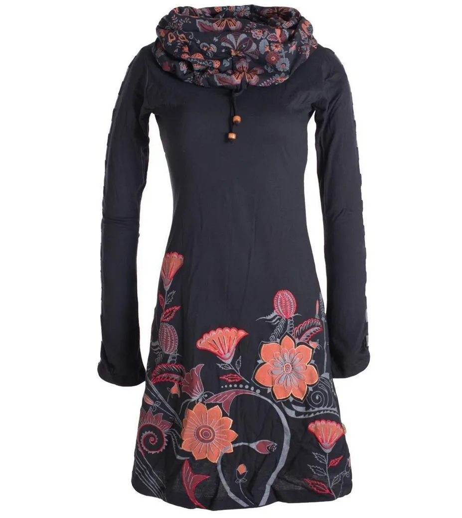 VISHES Midikleid Langärmliges Blumenkleid mit Schalkragen Hippie, Boho, Elfen Style