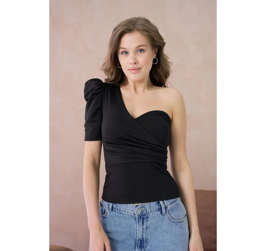 WOMAN VISION Blusenblazer Stilvolles drapiertes Design, eine Schulter, gepolstert, schwarze kurz