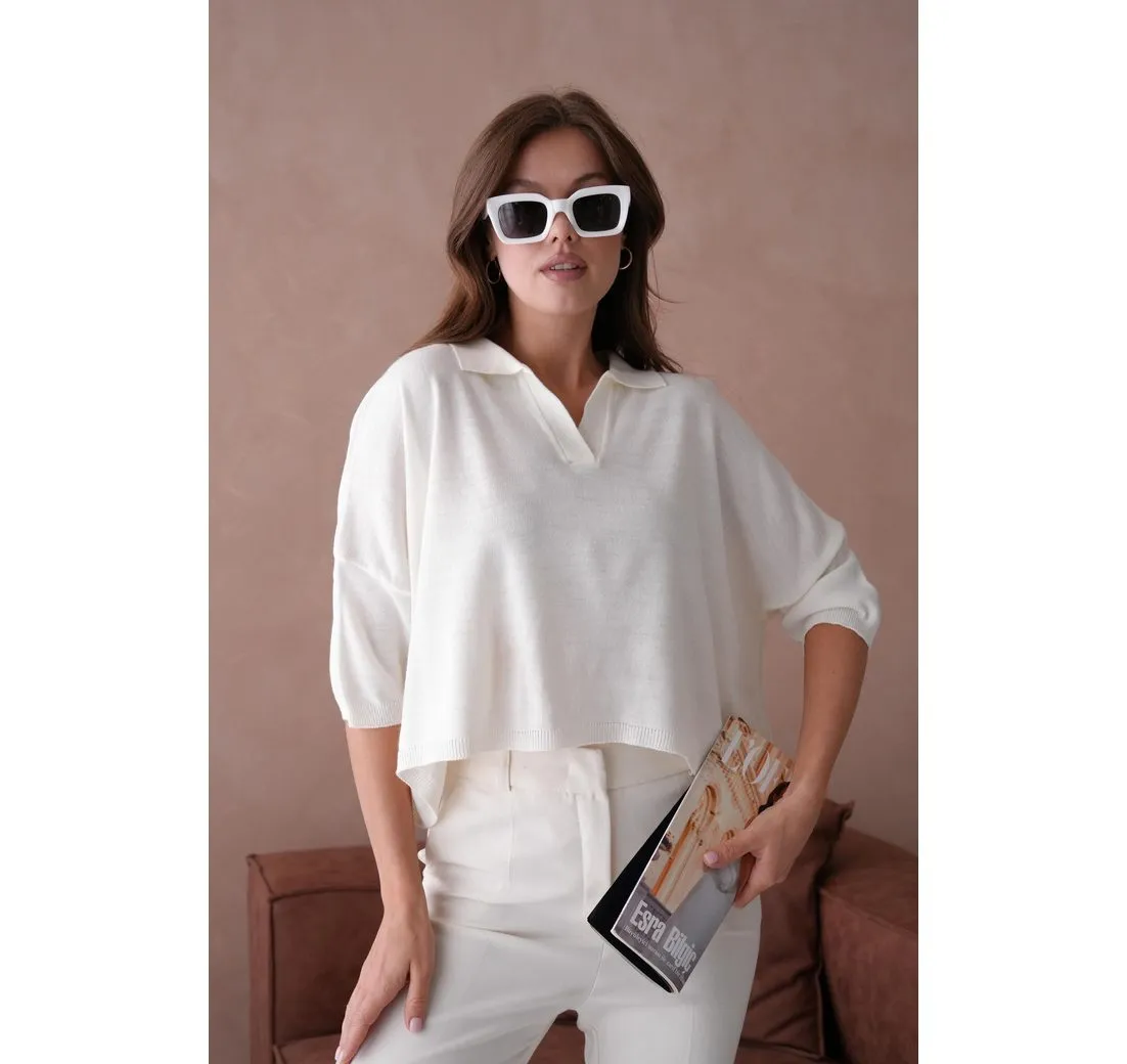 WOMAN VISION Blusenblazer Strickstoff Polokragen Oversize Muster Crop Gelb Damen Bluse