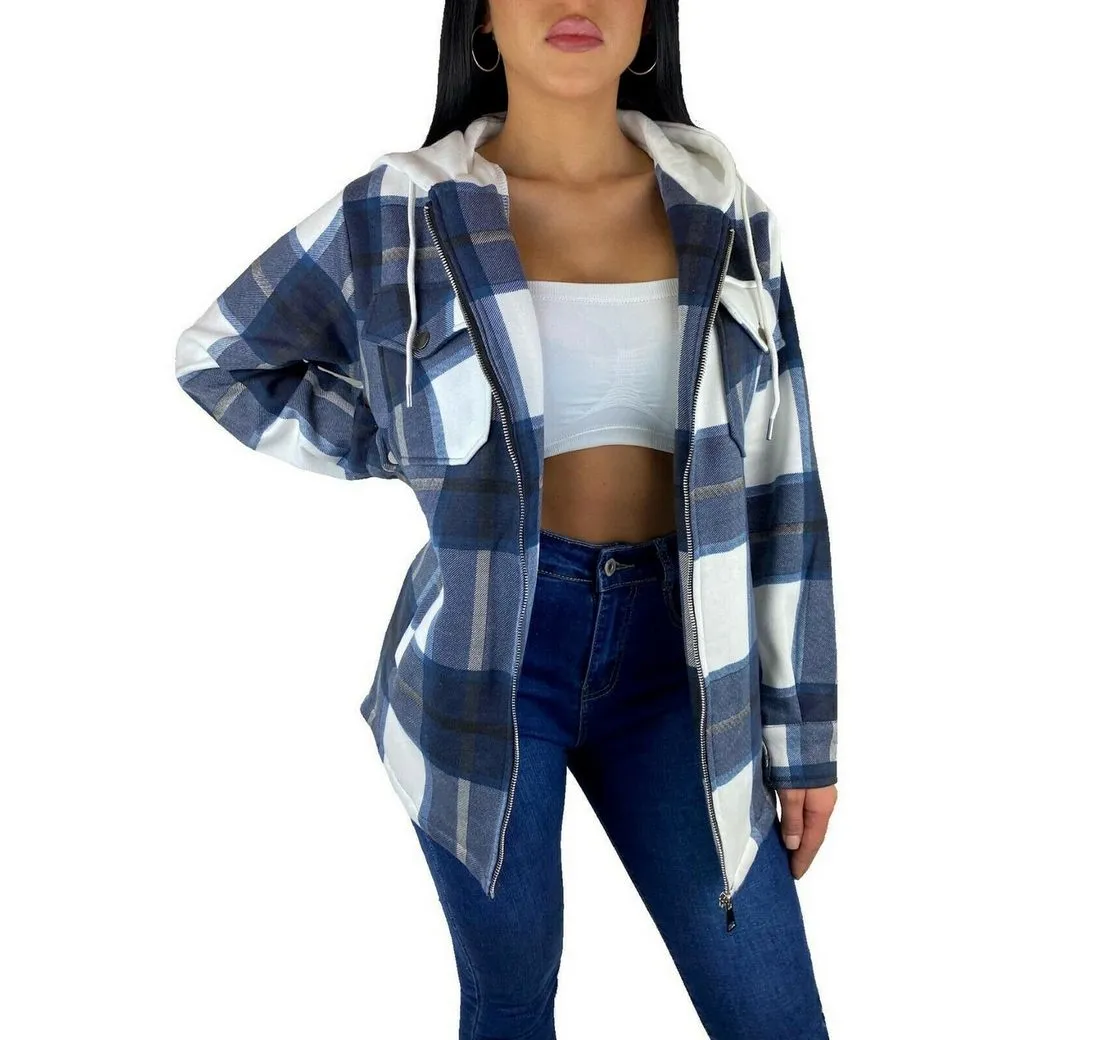 WORLDCLASSCA Flanellhemd Worldclassca DAMEN HEMDJACKE KARIERT MIT KAPUZE HOLZFÄLLERHEMD (1-tlg) OVERSIZED HOODIE KAROHEMD BLOGGER XS-XL