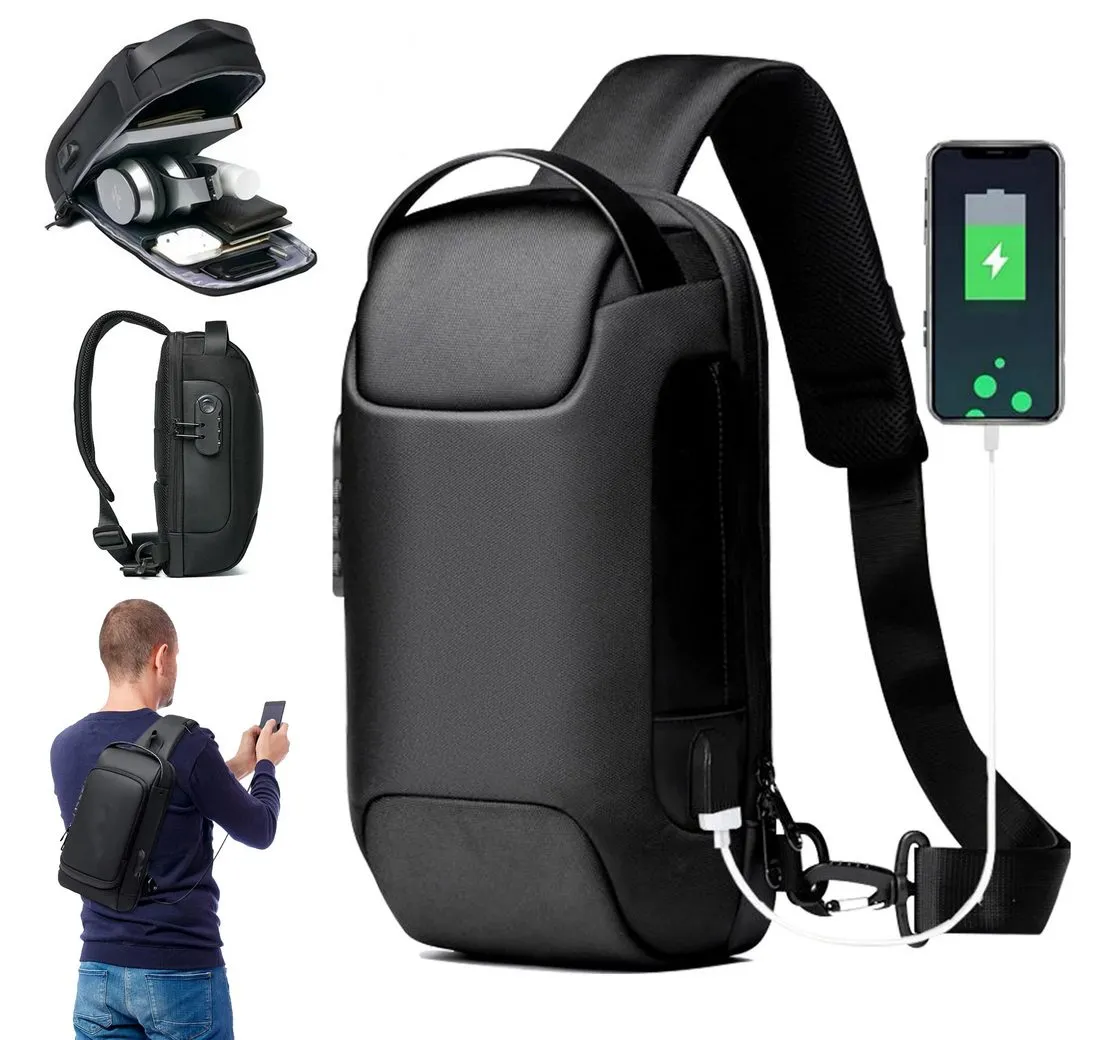 ZEUOPQ Schultertasche Brusttasche Sling Bag Umhängetasche Herren Wasserdichte Brusttasche (Schultertaschen mit USB-Ladeanschlus und Zahlenschloss, 1-tlg., Passwortschutz Diebstahlsicherer Crossbody Bag, Schultertasche herren), 7.1 x 3.5 x 13 Zoll Sling Rucksack Schultertasche herren