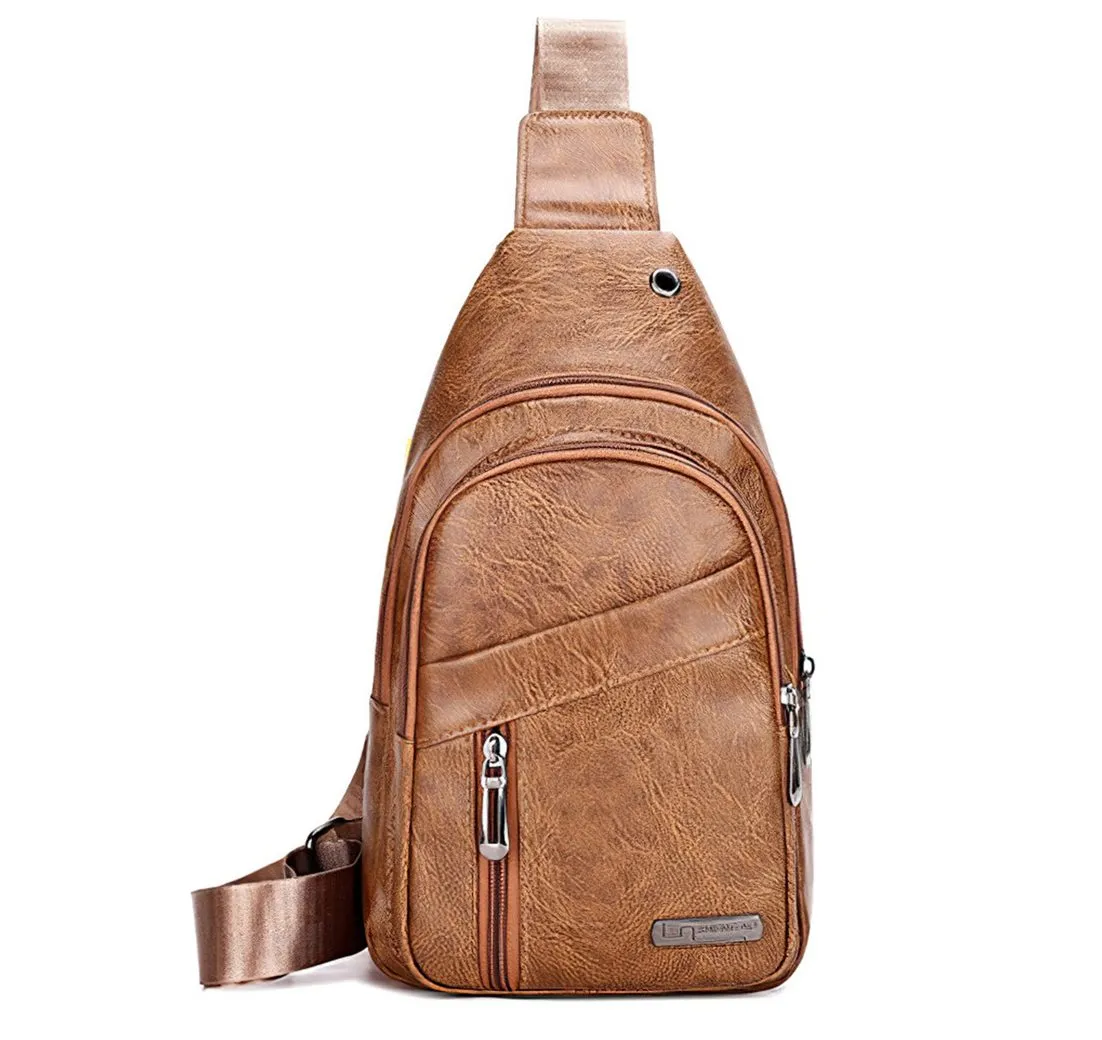 ZEUOPQ Schultertasche Brusttasche Umhngetasche Sling Crossbody Tasche PU-Leder (Ledertasche mit 3,5 mm Kopfhörerkabelloch, 1-tlg., Kleine Schultertaschen Wasserdicht Casual Chest Taschen 17*30*5CM), Brusttasche für Herren, Reisen, Arbeit, Party