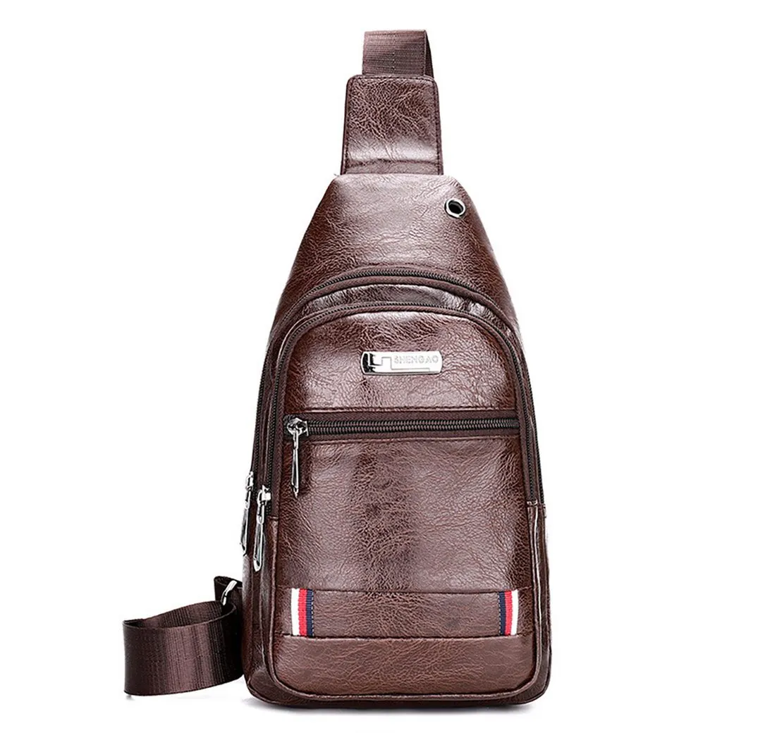ZEUOPQ Schultertasche Sling Rucksack für Herren Brusttasche Crossbody PU Crossbody Tasche (Wasserdichte Ledertasche mit 3,5 mm Kopfhörerkabelloch, 1-tlg., Kleine Schultertaschen Wasserdicht Casual Chest Taschen 17*30*5CM), Umhängetasche, Brusttasche für Herren, Reisen, Arbeit, Party