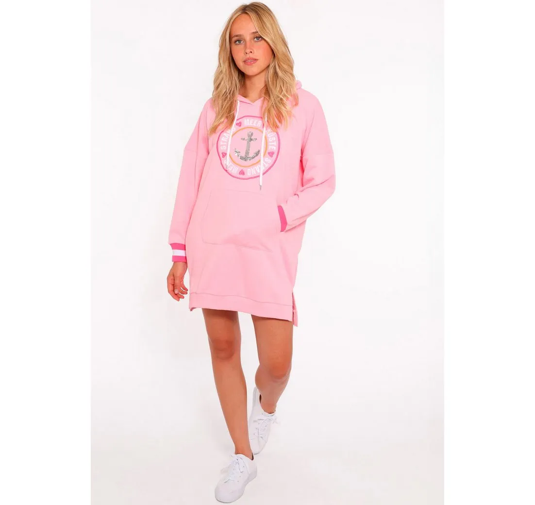ZWILLINGSHERZ Sweatkleid "Zuhause am Strand" mit Kapuze, Taschen, Front und Backmotiv und Bündchen mit Neonstreifen