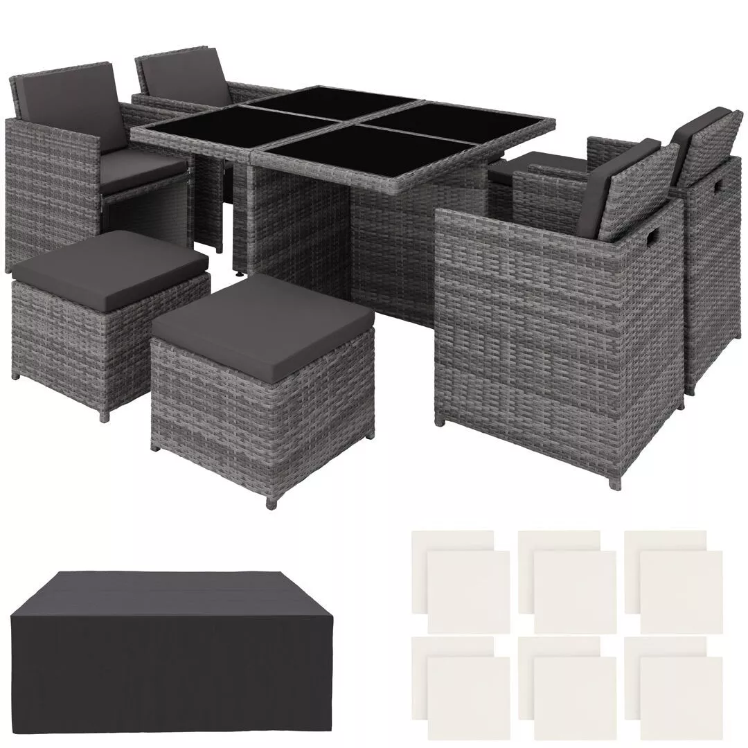 RATTAN SITZGRUPPE Manhattan,2 Bezugssets, zusammenschiebbar, inklusive Schutzhülle,grau