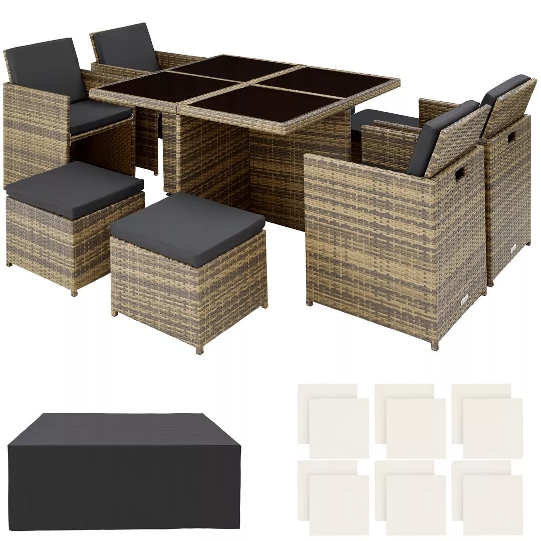 RATTAN SITZGRUPPE Manhattan,2 Bezugssets, zusammenschiebbar, inklusive Schutzhülle,natur
