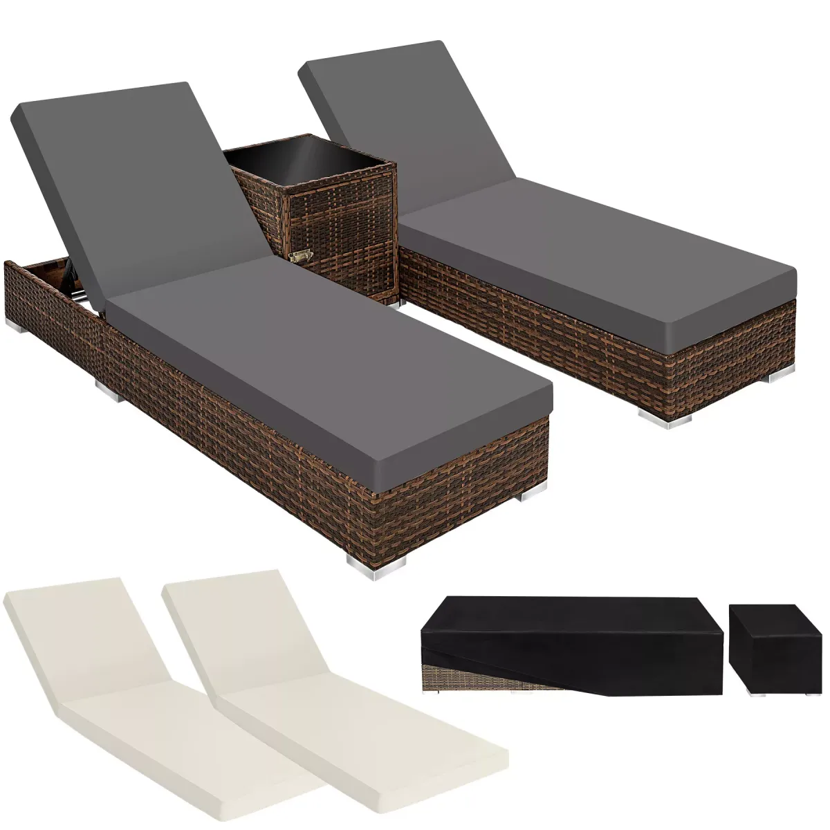 RATTAN-SONNENLIEGE 2er Set,wetterfest und UV-beständig,braun