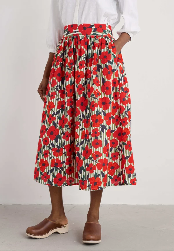 A-line skirt - red stripey floral moss