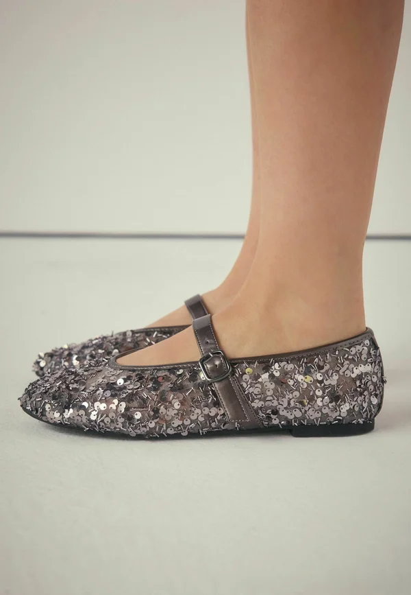 Ankle strap ballet pumps - pewter sequin