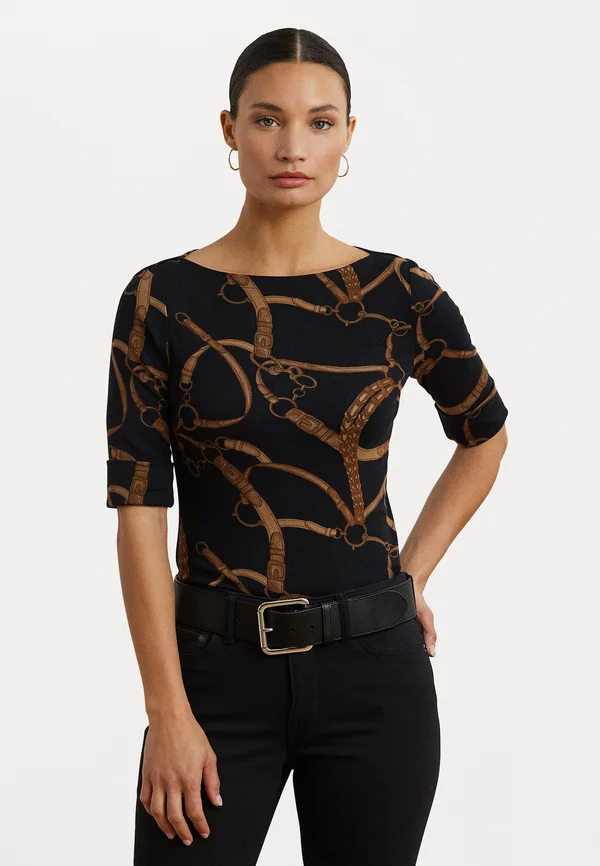 Belting Print Cotton Blend Boatneck Tee - Print T-shirt - black