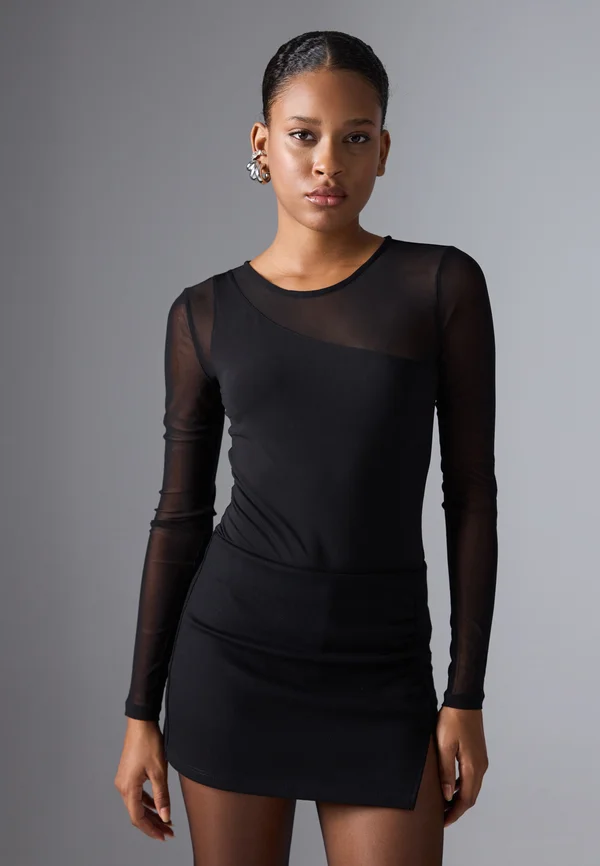 BODYSUIT WITH MESH SLEEVES - Long sleeved top - black