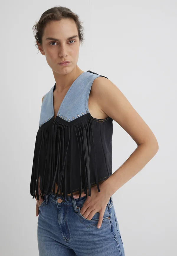 BRENNA - Waistcoat - blocking fringe denim