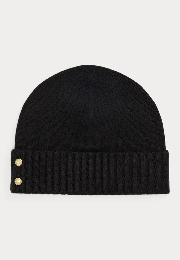BUTTON-TRIM KNIT BEANIE - Beanie - black