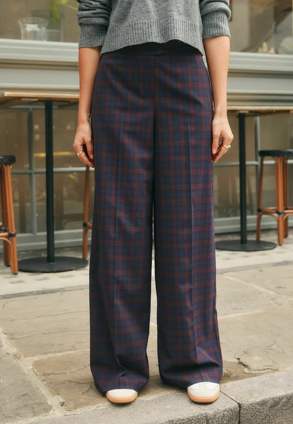 CHECK WIDE LEG TAILORED - Trousers - brown