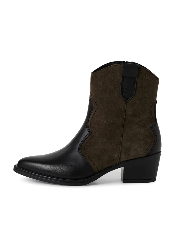 Cowboy/biker ankle boot - black leather olive