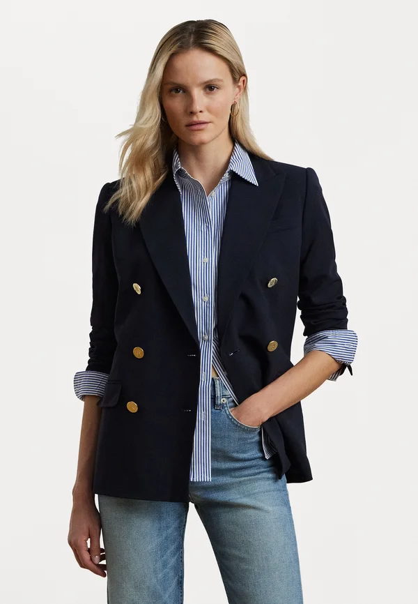 Double Breasted Wool Crepe Blazer - Blazer -  navy