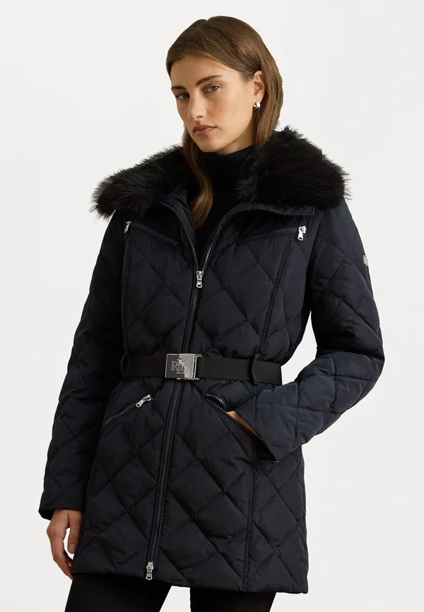 FAUX-FUR-TRIM DIAMOND-QUILTED DOWN COAT - Down jacket - dark navy