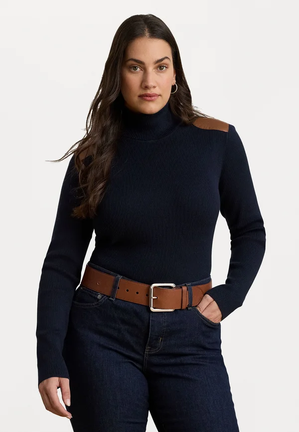 FAUX LEATHER TRIM RIB KNIT ROLL NECK - Jumper - navy
