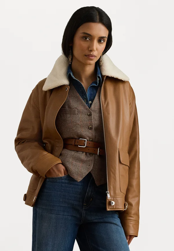 FAUX-SHEARLING-TRIM LEATHER JACKET - Bomber Jacket - cuoio/masc cream