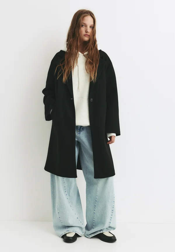 FELT TEXTURE WITH BUTTON - Classic coat - black