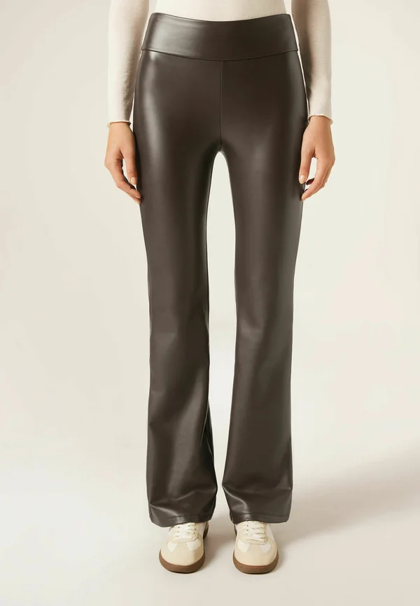 FLARED THERMAL WITH COATED EFFECT - Trousers - dark brown