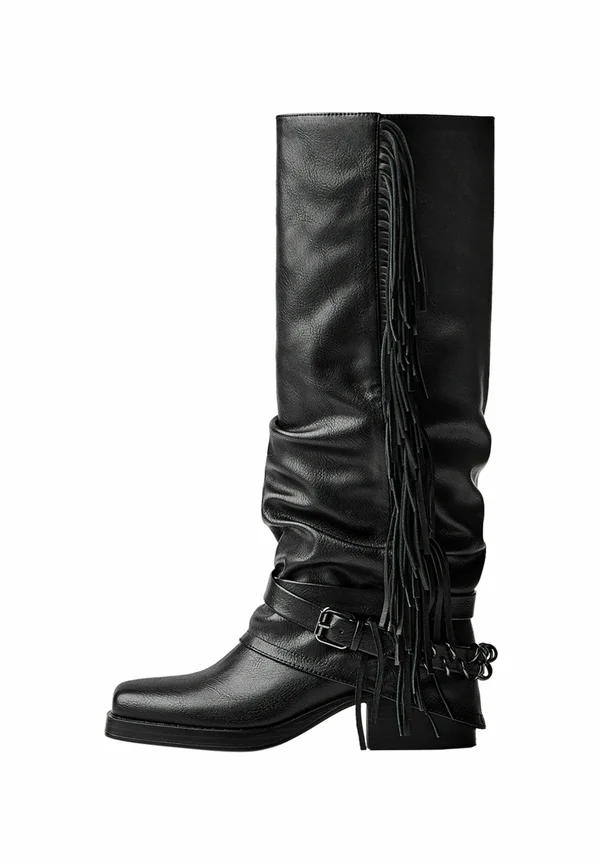 FLAT WITH FRINGING - GAITER - Cowboy/Biker boots - black