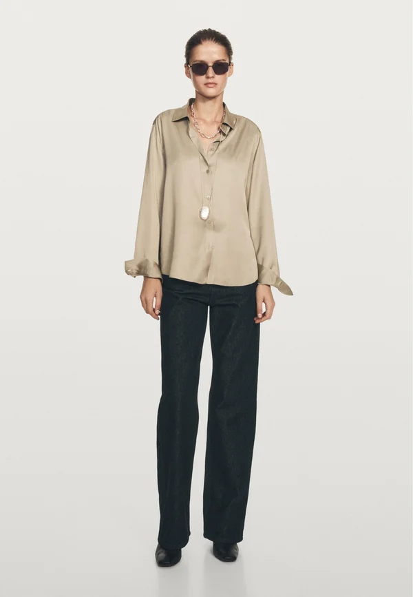 FLOWING SATIN LONG SLEEVE - Button-down blouse - beige