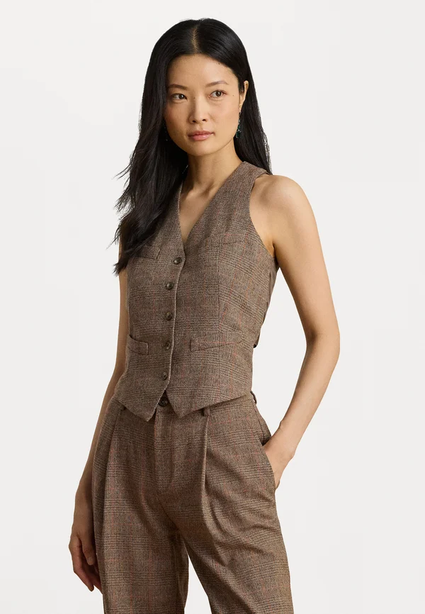 GLEN PLAID WOOL-BLEND VEST - Waistcoat - brown/cinnamon/taupe multi