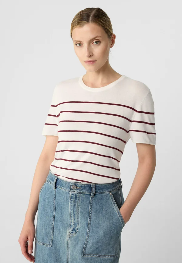 KURZARM-STRICKPULLOVER MIT STREIFENMUSTER UND ROLLSAUM - Print T-shirt - weiß